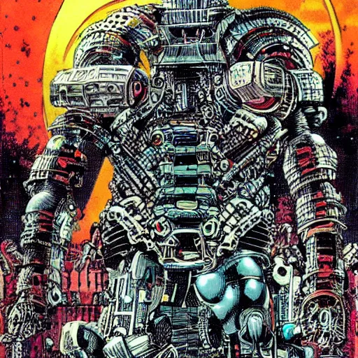 Image similar to wide scene, armored sci - fi god of destructuion manifests floating in midair, art by philippe druillet