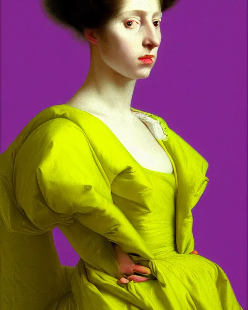 Image similar to photo-realistic portrait of a young pale woman with lilac hair buns, wearing a neon yellow dress by Vivienne Westwood, intricate details, cyberpunk, super-flat, in the style of Jean Auguste Dominique Ingres, black background