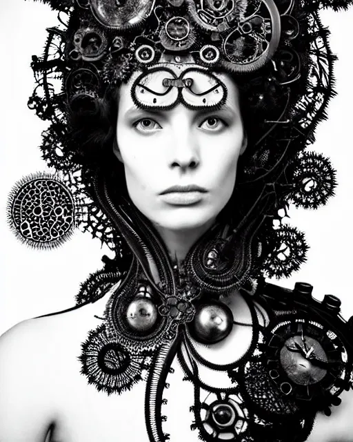 Image similar to surreal black and white photo portrait of complex bio-mechanical beautiful young female vegetal-cyborg with a Mandelbrot fractal steampunk metal fine lace face, a very long neck and a fine metal floral foliage super big lace collar by Alexander McQueen:: high fashion, haute couture, rococo, steampunk, silver filigree details, anatomical, facial muscles, cable wires, microchip, elegant, dreamy, foggy, hyper realistic, 150 mm lens, soft rim light, octane render, unreal engine, picture was taken in 1910 by Dora Maar, volumetric lighting, dramatic light,8k,