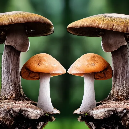 Prompt: a realistic 8 k nature style photograph of a pair of mushroom brothers communicating telepathically. natural forest setting and dramatic lighting. mushrooms with human faces speaking to each other. photorealistic high resolution image