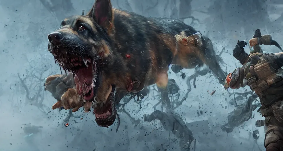 Image similar to the german shepherd of I am legend in new york attacking a zombie, foam around the teeth, octane render, unreal engine, style of peter mohrbacher, 8k highly detailed