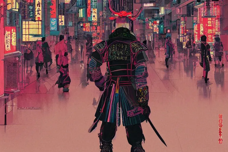 Prompt: neon japanese samurai walking in the streets of modern tokyo, illustration painting, intricate, detailed illustration, hd, digital art, overdetailed art, concept art, complementing colors, detailed, illustration painting by leonardo da vinci, digital art, overdetailed art, concept art, complementing colors rendered by beeple, syd meade,