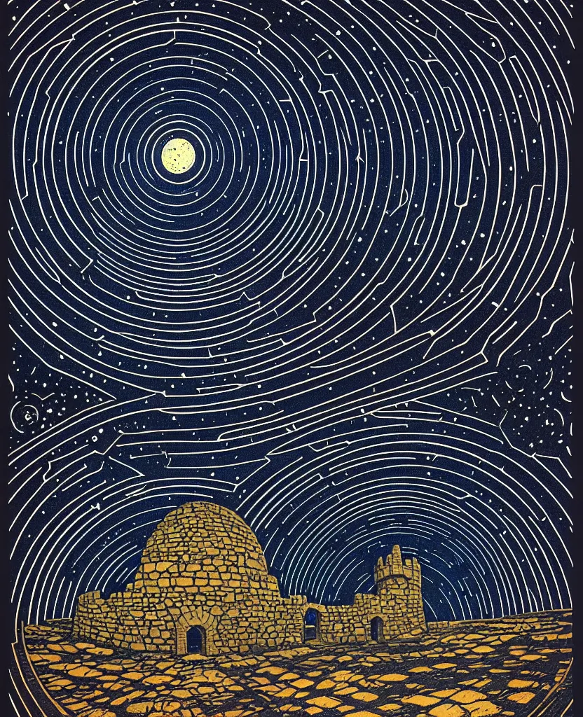 Image similar to stone wall inside of a majestic castle, round window looking out to the starry night sky, high details, intricately detailed, by vincent di fate, inking, 3 color screen print, masterpiece, trending on artstation,, sharp, details, hyper - detailed, hd, 4 k, 8 k