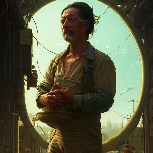 Prompt: A solarpunk very detailed farmer with highly detailed face on the street of a very highly detailed solarpunk city art by Greg Rutkowski, neofuturistic highly detailed, digital concept art, Dimensional cyan gold natural light, sharp focus, Golden Ratio illustration, realistic concept art by Stephen Hickman and James Gurney and Hiromasa Ogura Ghost in the Shell rendered in Octane Render