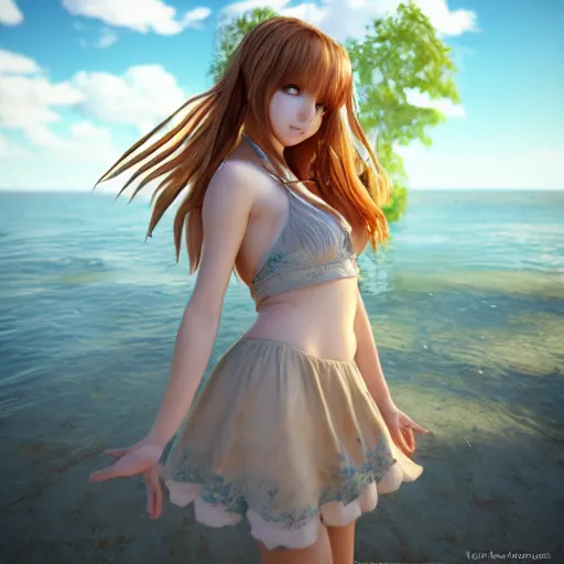 Image similar to nymph render of a very beautiful 3d anime girl, long hair, hazel eyes, cute freckles, full round face, short smile, cute sundress, golden hour, serene beach setting, medium shot, mid-shot, highly detailed, trending on Artstation, Unreal Engine 4k