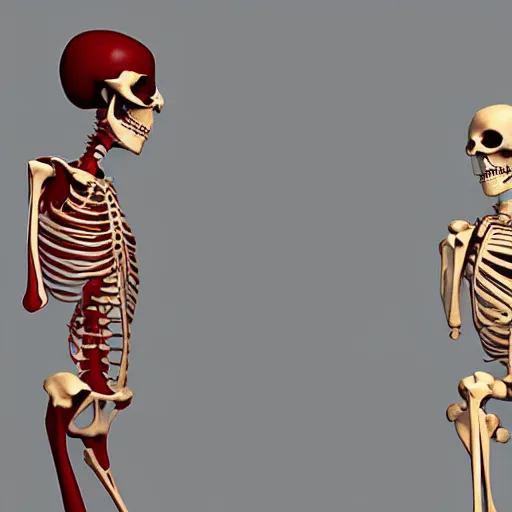 Prompt: a female skeleton talking to a male skeleton.