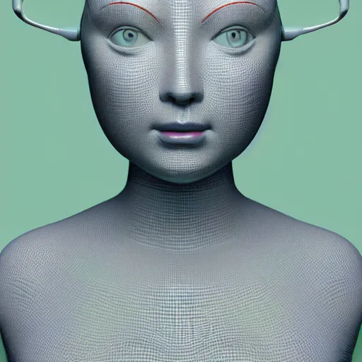 Prompt: 3 d render portrait of a female porcelain robot, symmetrical, mid thirties, cute round green slanted eyes, porcelain skin, wide nostrils, chubby cheeks, high flat eyebrows, ethereal essence, angelic, tiny mouth, leica 1 0 0 mm f 0. 8