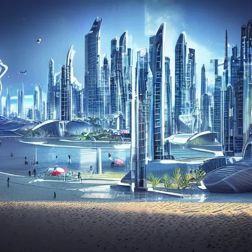 Prompt: a beautiful futuristic city near the beach