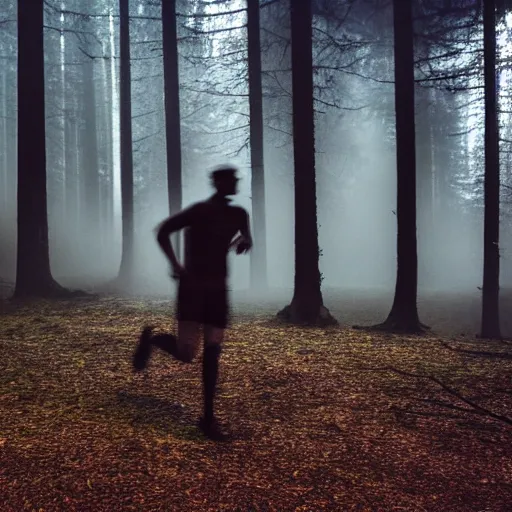 Image similar to a smudged, scratched, grainy and blurry photograph showing the whole body of a young tall man dynamically and frenetically running from danger in the dark forest. in the foggy woods, night time, flash lights