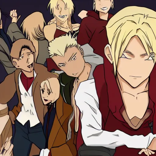 Image similar to young blonde boy fantasy thief in a tavern surrounded by friends of different skin tones, full metal alchemist, anime style