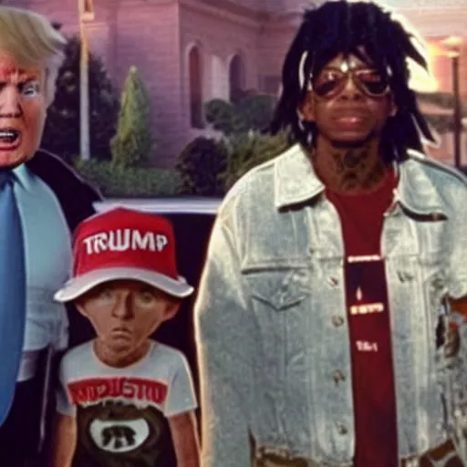 Prompt: donald trump and lil wayne in the back to the future movie poster,