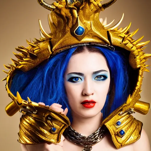 Image similar to close up headshot of a woman in elaborate blue and gold armor with spiked horns on her helmet, cosplay, photoshoot, photograph by Zhang Jingna