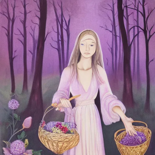 Image similar to random, intuitive by leticia gillett, by jozsef rippl - ronai light violet. a experimental art of a vasilisa standing in the forest, surrounded by animals. she is holding a basket of flowers in one hand & a spindle in the other. gentle expression. in the background, the forest is dark & mysterious.