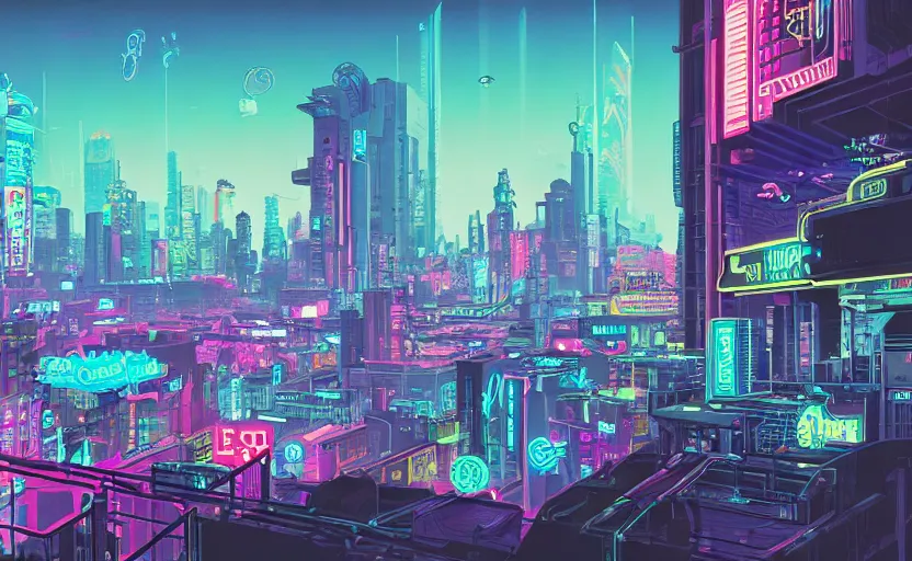 Image similar to Wide angle shot of a cyberpunk city with neon lights and holographic fishes floating in the sky by James Gilleard, Mark Ryden, Wolfgang Lettl highly detailed