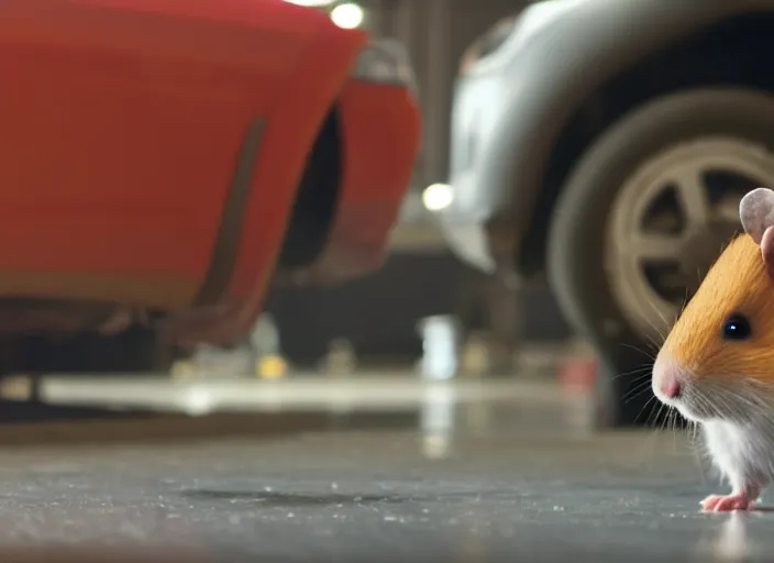 Image similar to film still of a hamster working as a mechanic in an auto shop, 8 k