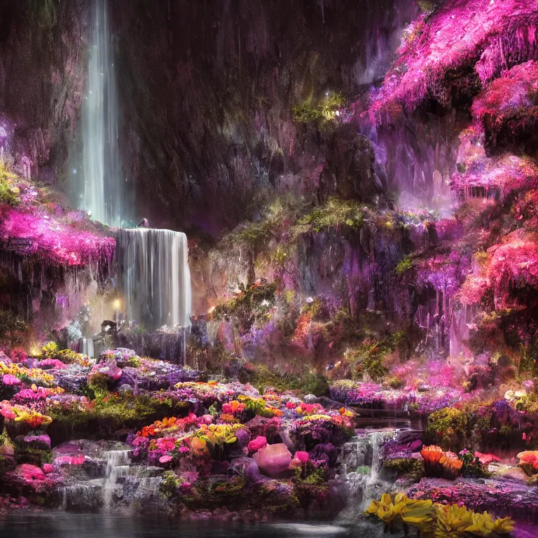 Prompt: oil painting, rich deep colors masterpiece, waterfall, night lights, gray, pink, ultra detailed, beautiful fantasy cave scene, waitomo glowworm caves, contrast, neon drops, neon stones, alone redheaded flower girl and dress made of fresh flowers, volumetric light, atmospheric lighting, dramatic, cinematic, moody, octane render 4 k, 8 k