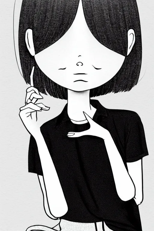 Image similar to portrait of a girl in long pants and a top, hands in pockets, eyes closed, red color heart shaped tattoo on the right hand, bob haircut, digital art, black and white, minimalistic illustration by junji ito and kaoru mori