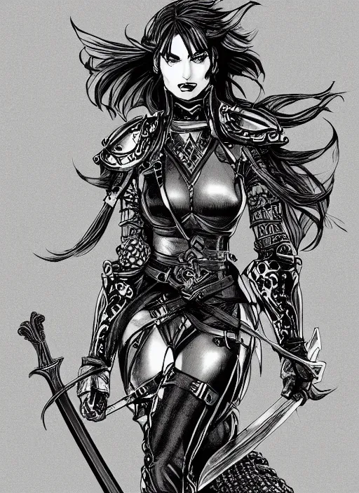 Prompt: a character lineart of a beautiful swordmaiden in leather armor, drawn with pencil, comic art, outlines, intricate, black and white,