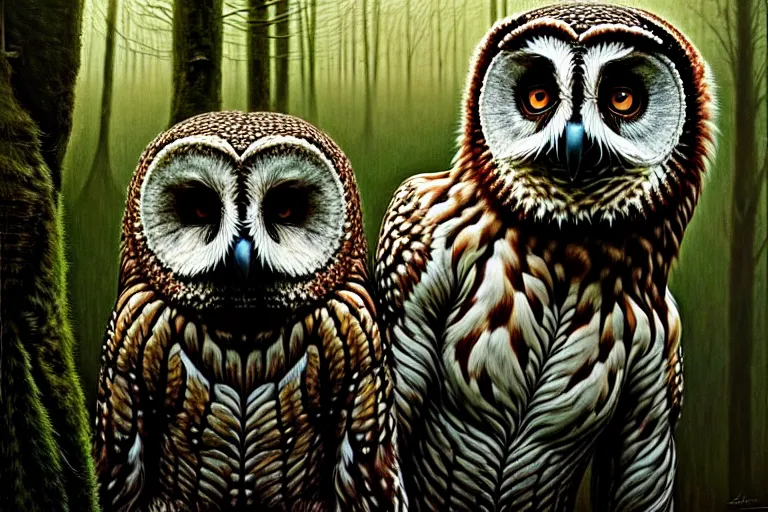 Image similar to photo, owls and coatis scene, woodland location, stefan kostic and david cronenberg, realistic, sharp focus, 8 k high definition, intricate, chiaroscuro, elegant, perfect faces, symmetrical face, extremely detailed, hypnotic eyes, realistic, fantasy art, masterpiece zdzislaw beksinski, artgerm