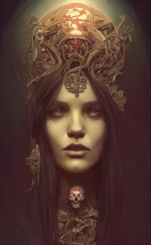 Image similar to portrait of a dark girl with skull poking through , surreal, intricate, headshot, highly detailed, digital painting, artstation, concept art, cinematic lighting, illustration, art by artgerm and greg rutkowski, alphonse mucha, cgsociety, science fiction