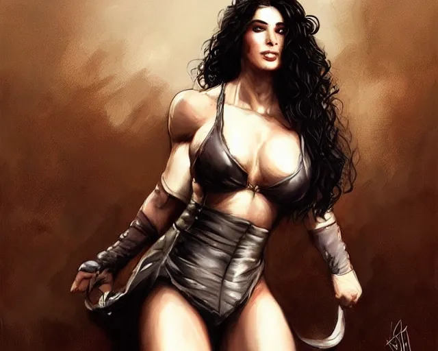 Image similar to portrait of yennefer as a beautiful female bodybuilder amazon with plump lips, elegant, fantasy, hd shot, digital portrait, beautiful, artstation, comic style, by artgerm, guy denning, jakub rozalski, magali villeneuve and charlie bowater