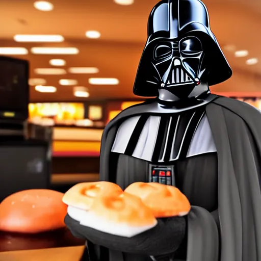 Image similar to darth vador working at dunkin donuts , 8k cinematic lighting, very sharp detail, anatomically correct