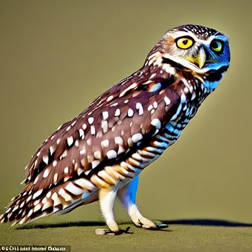 Prompt: he didn't sleep standing or perched, he slept in what could be described as a squat with his short stubby tail supporting him, and his legs splayed out to the sides, burrowing owl, owls, guardians of gahool