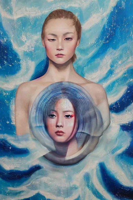 Prompt: hyperrealism oil painting, close-up fashion portrait of woman with android, ocean pattern mixed with star sky in front, in style of classicism mixed with 70s japanese sci-fi book art