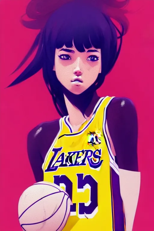 Image similar to a ultradetailed beautiful panting of a stylish girl in a los angeles lakers jersey, by conrad roset, greg rutkowski and makoto shinkai, trending on artstation