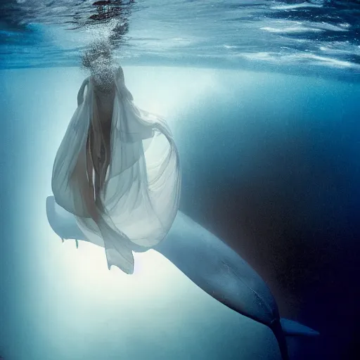 Image similar to underwater photo by national geographic and mort kunstler and annie leibovitz and monia merlo, a stunning blue whale completely covered in a long billowing flowing white sheet swimming through the ocean, backlit, 4 d, 4 k, volumetric lighting, photorealistic, light ray, hyperdetailed