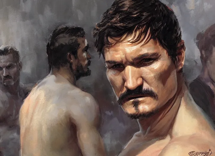 Prompt: a highly detailed beautiful portrait of pedro pascal as kratos, by gregory manchess, james gurney, james jean