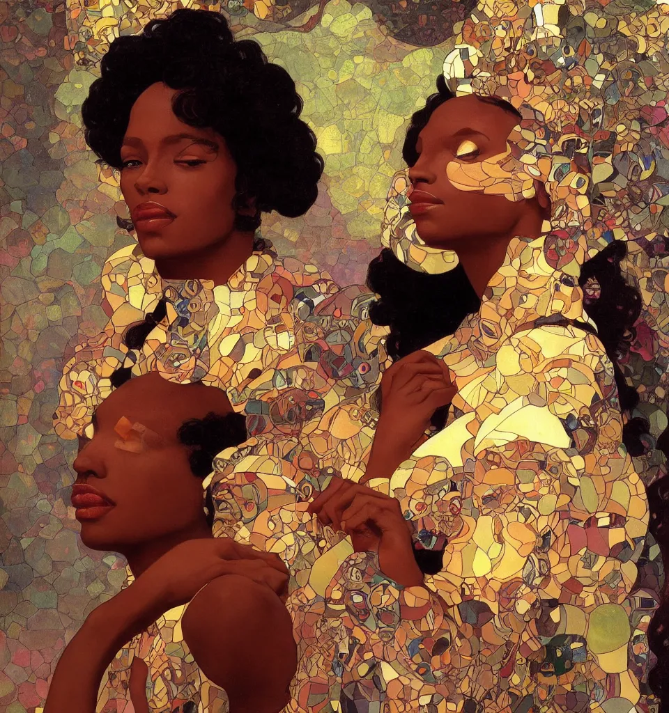 Image similar to modern black woman | hyperrealistic | feminist | digital painting | trending on artstation | pinup portrait | clean | illustration | dressed | unreal engine 5 | 8 k resolution | by greg rutkowski alphonse mucha gustav klimt and mel ramos