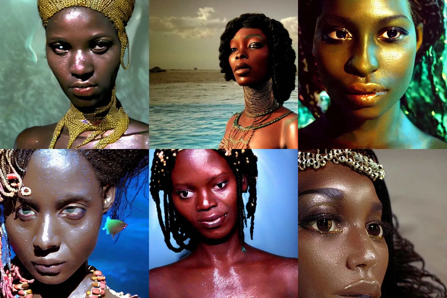 Prompt: too realistic film prop of the ethereal face of a half mermaid half African woman, 2008 cinematography