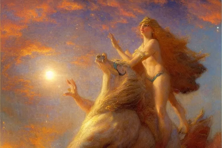 Image similar to portrait of a mythical hero named horizon, who lifts the sun into the sky every morning. art by gaston bussiere.