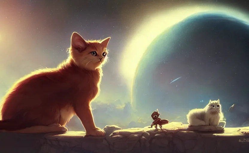 Image similar to a beautiful persian space cat sitting atop a small spaceship on an alien planet in a space opera studio ghibli film, volumetric lighting, beautiful composition, artwork by artgerm, loish, greg rutkowski