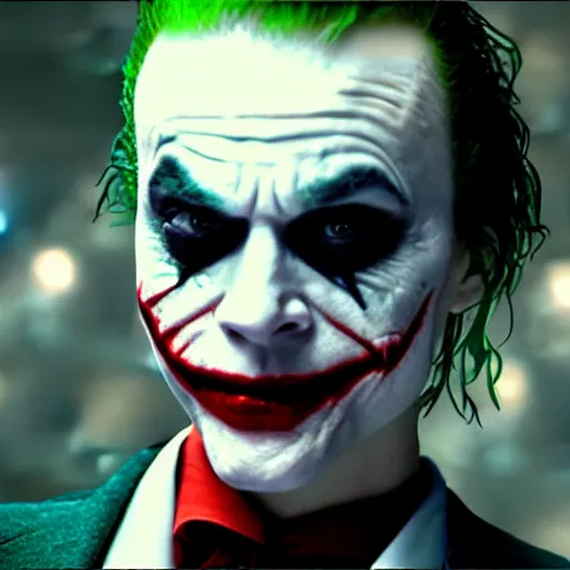 Image similar to awe inspiring image of Emma Stone playing The Joker looking beautiful 8k hdr