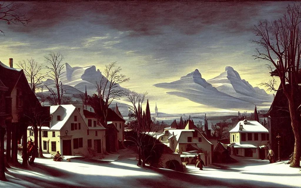 Image similar to in the style of gerald brom, caravaggio, asher brown durand, beautiful small town, houses and buildings, 1 8 0 0 s, cobblestone roads, mid day, winter, mountains in the distance