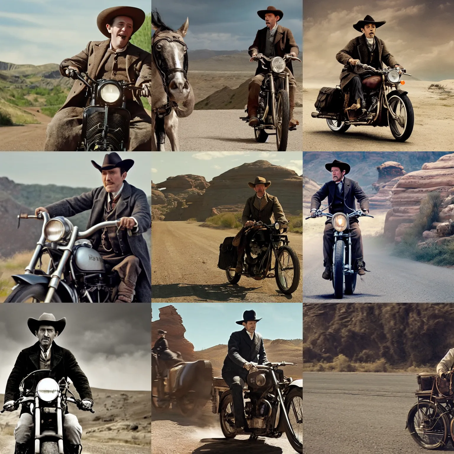 Prompt: buster scruggs riding a motorcycle