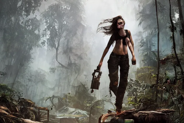 Image similar to !dream artstation concept of a beautiful adventurous girl with a .45 revolver, sweaty skin, symmetrical face, high face detail, torn off shirt and fatigue pants, sleek and agile, jungle background with ruins, volumetric lighting, hyperdetailed, artstation trending, world renowned artists, worth1000.com, cgsociety, by greg rutkowski, by Gustave Doré, by Marco Turini, by Artgerm, Deviantart in the style of Tom Bagshaw, Cedric Peyravernay, Peter Mohrbacher