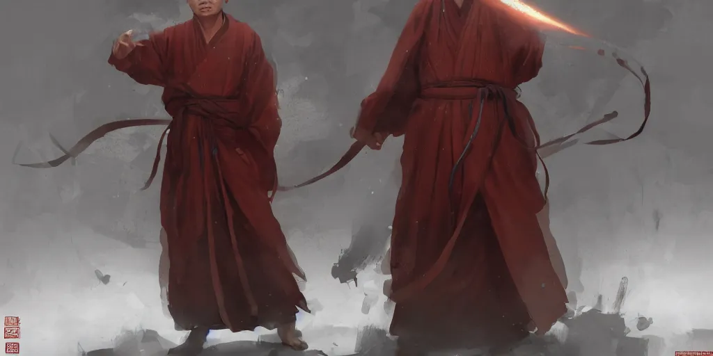 Image similar to a chinese monk, new costume concept design, fashion, concept art, by artgerm, greg rutkowski, cinematic light, featured on artstation, octane render, sharp focus, ray tracing, artstationhq, cgsociety, 8 k.