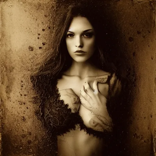 Prompt: old full frame duotone wetplate daguerreotype portrait of a beautiful woman, 3 0 years old, fractal, intricate, elegant, highly detailed, parallax, leica, subsurface scattering, by luis royo and greg rutkowski