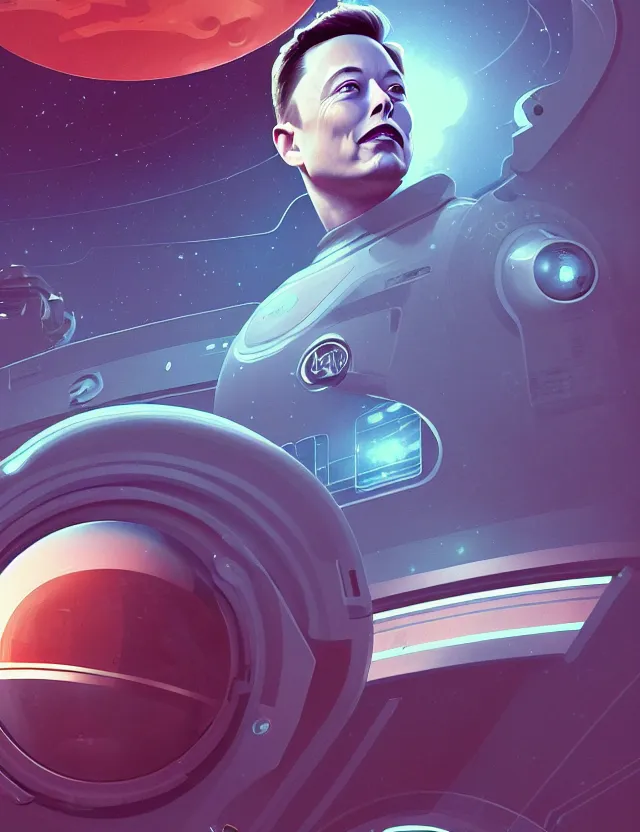 Image similar to a beautiful illustration of elon musk in a retro sci - fi space station, trending on artstation, digital art, 4 k resolution, detailed, high quality, sharp focus, hq artwork, coherent, insane detail, character portrait