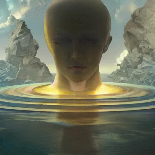 Image similar to peter tarka, minimalistic, hyperrealistic surrealism, award winning masterpiece with incredible details, epic stunning, infinity pool, a surreal vaporwave liminal space, highly detailed, trending on ArtStation, artgerm and greg rutkowski and alphonse mucha, daily deviation, IAMAG, broken giant marble head statue ruins, nightscape, milkyway