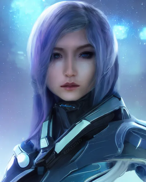 Image similar to perfect android girl on a mothership, warframe armor, beautiful face, scifi, futuristic, galaxy, nebula, raytracing, dreamy, long white hair, blue cyborg eyes, sharp focus, cinematic lighting, highly detailed, artstation, divine, by gauthier leblanc, kazuya takahashi, huifeng huang