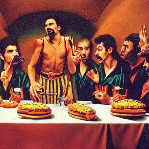 Image similar to album cover of freddie mercury in the last supper in the jungle eating hamburgers