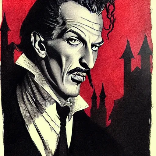 Image similar to 1 9 6 0 s vincent price portrait, soft light, by killian eng and joe fenton and bernie wrightson and conrad roset, inspired by dracula, red only, etching and paint, fine sharp high detail,