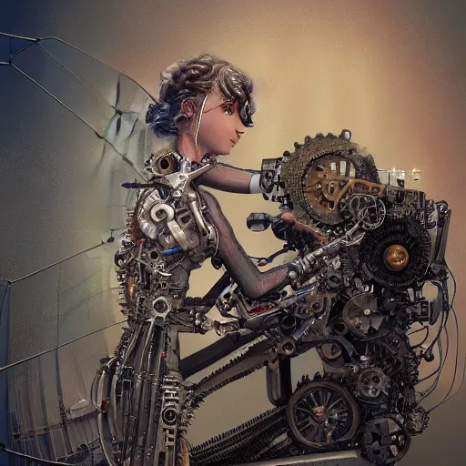 Image similar to portrait of a mechanical fairy with fairy wings, gears, wires and cables, detailed, 4k, in the style of Craig Mullins and James Gurney