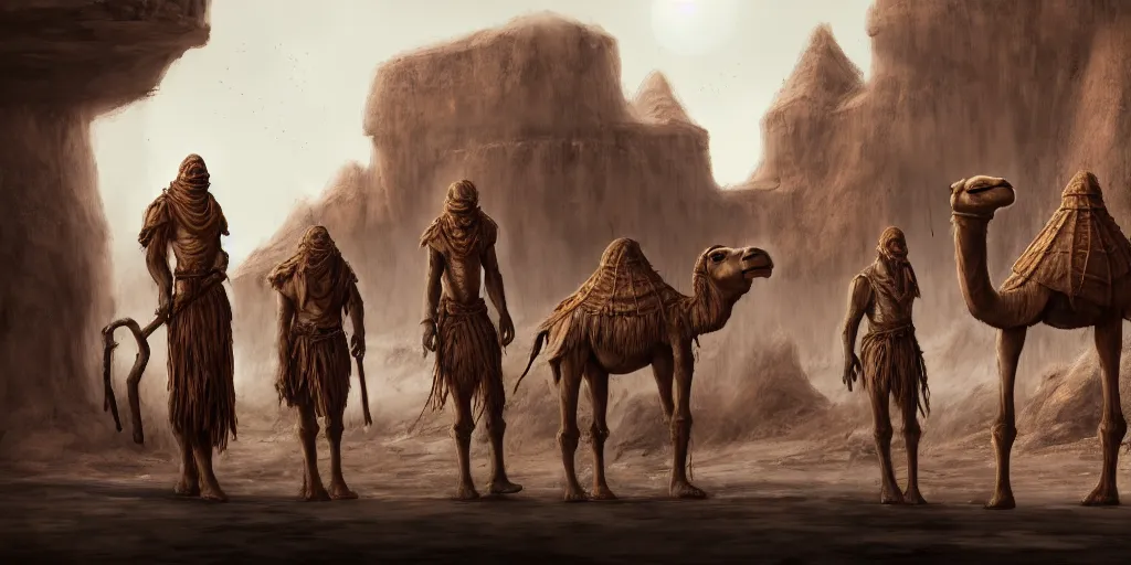 Prompt: bipedal humanoid camel merchants in town square, tents, matte oil painting, retrofuturistic, concept art, quarrying, science fantasy, mutant, lgbt, rpg, epic, rusted, white salt, badlands, jungles, dungeons & dragons, sacred, sharp focus, award - winning, extremely detailed, 4 k, 8 k