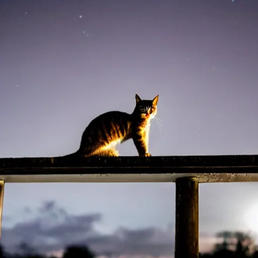 Prompt: a cat on a bridge at night, professional photo