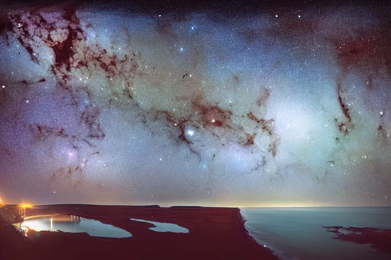 Prompt: a deep field astrophotography astronomy photo of the pleiades cluster, messier 4 5, mutsuraboshi, double exposure with a nighttime landscape photo of the seven sisters cliff faces in cuckmere haven, famous composition with cottage, lpoty, award winning, beautiful, astronomy photo of the year, red, orange